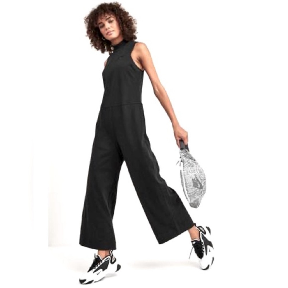NIKE Wide Leg Jumpsuit Crop Black Jersey Mock Neck Pockets Back Zip Women’s M - Picture 14 of 15